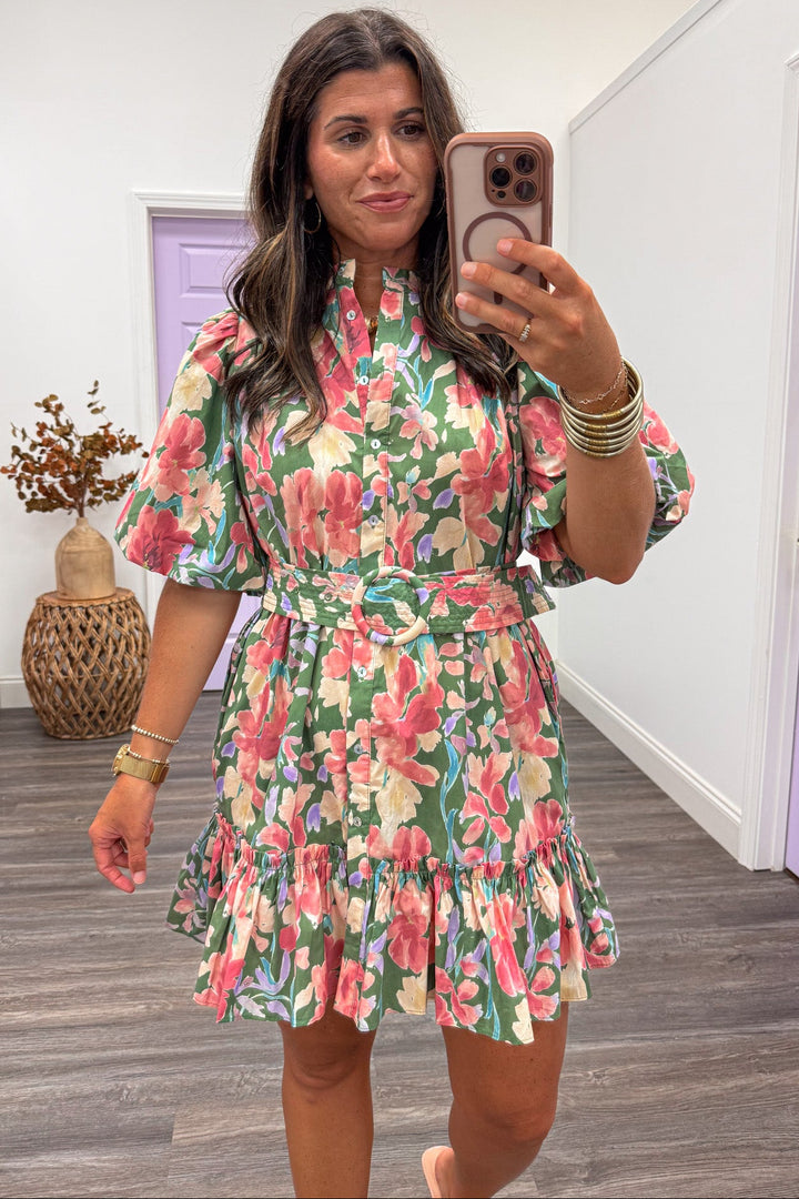 green pink and yellow floral print puff sleeve button front belted gathered waist short dress