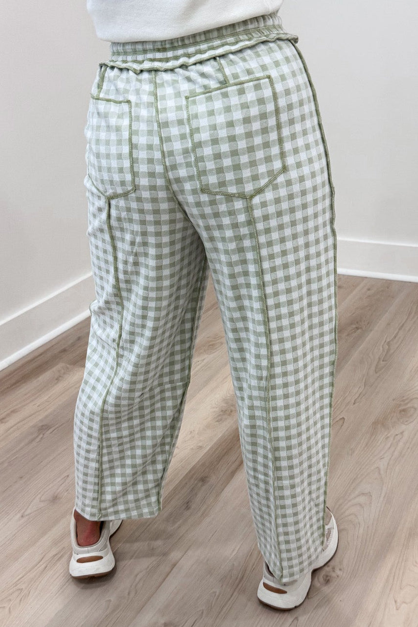 sage green and ivory gingham checkered print barrel leg soft knit pants with back pockets
