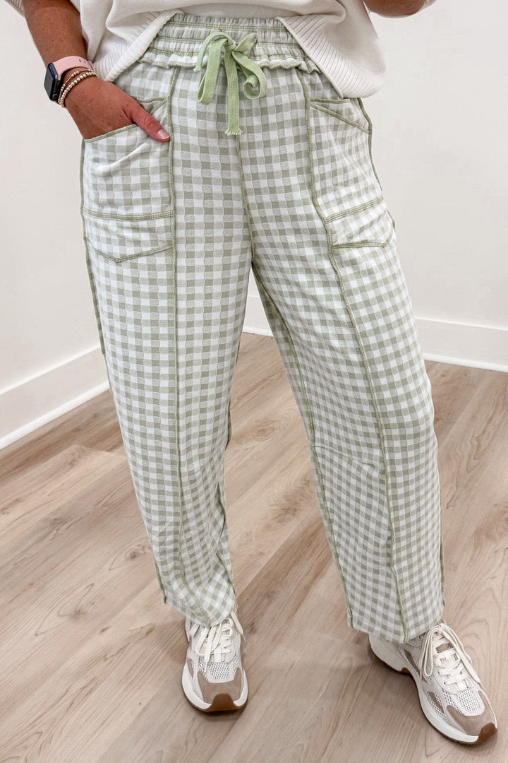 sage green and ivory gingham checkered print relaxed barrel leg soft knit pants