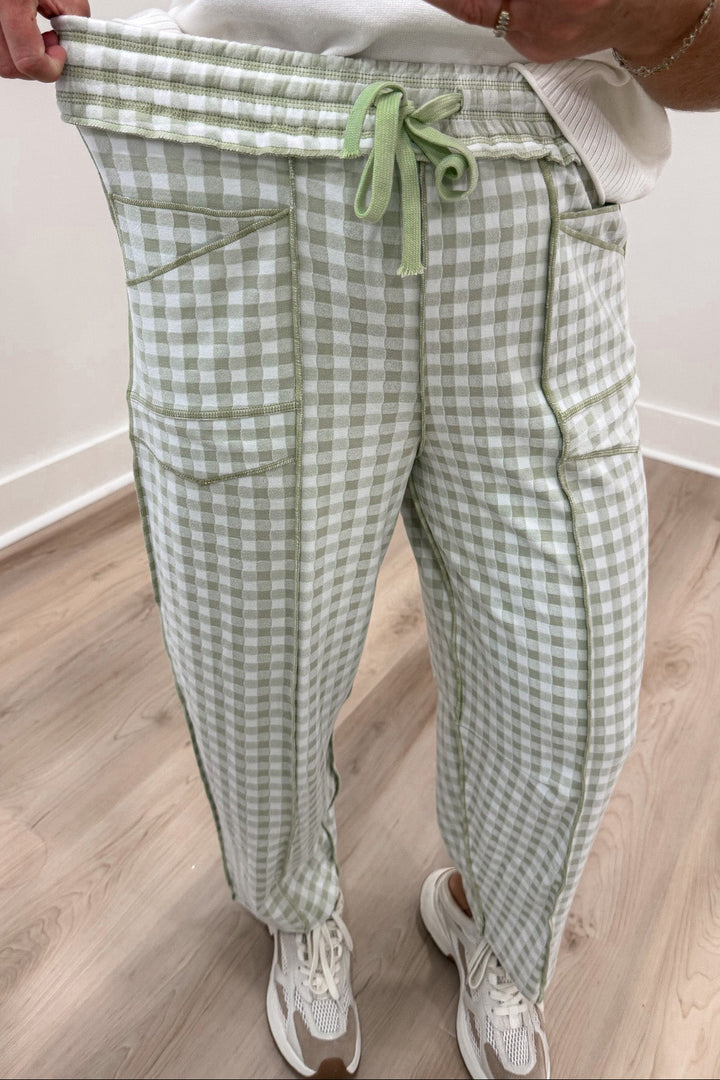 sage green and ivory gingham checkered print drawstring elastic waist barrel leg soft knit pants