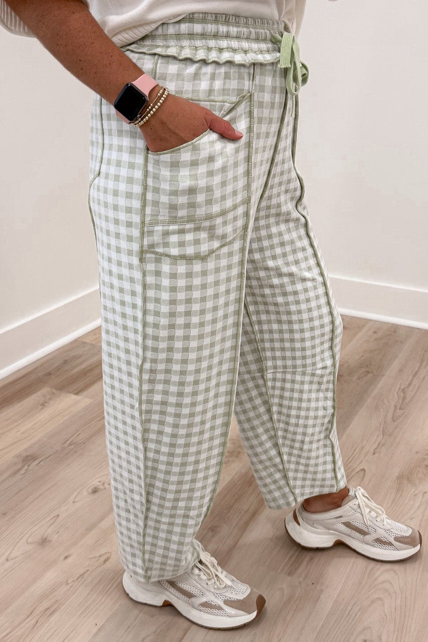 sage green and ivory gingham checkered print barrel leg soft knit pants with layered front pockets