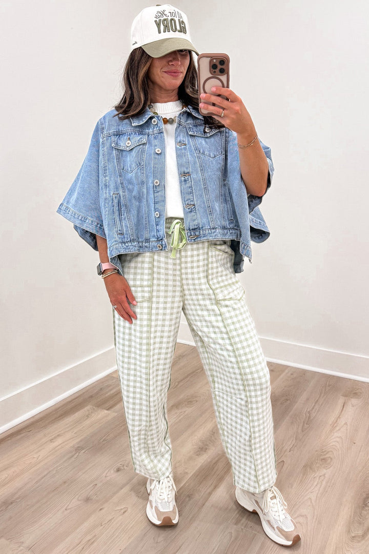 sage green and ivory gingham checkered print barrel leg soft knit pants