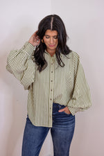 green ivory stripe button down top