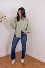 green ivory stripe button down top