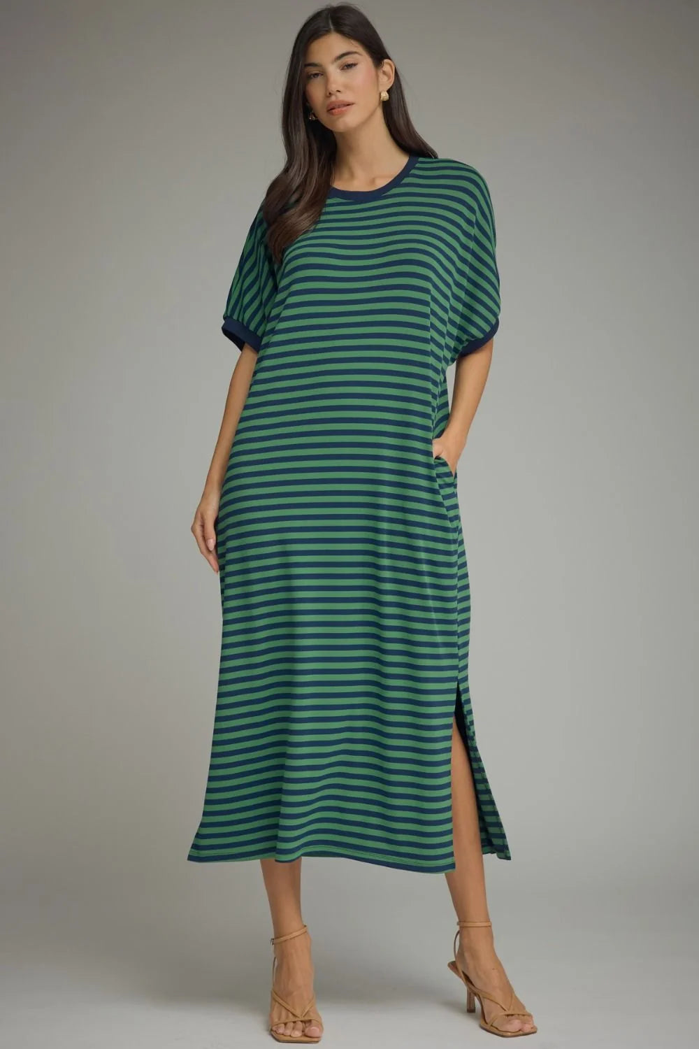 Entro green and navy striped midi dress with dolman sleeves
