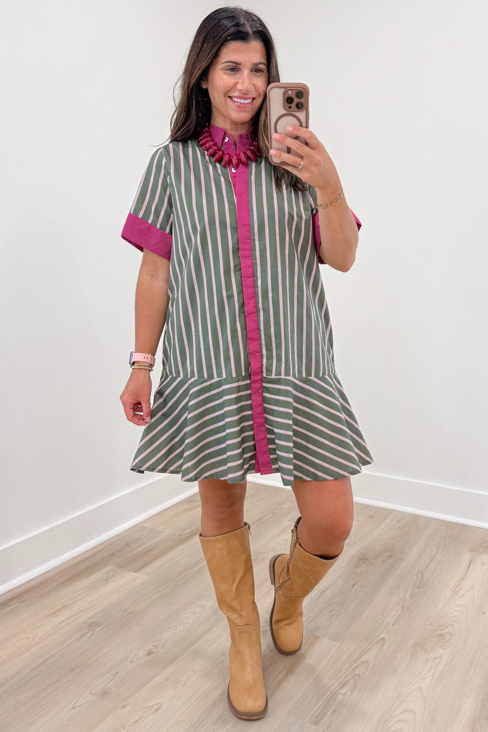 army green pink and cream striped short sleeve button front tiered hem short dress