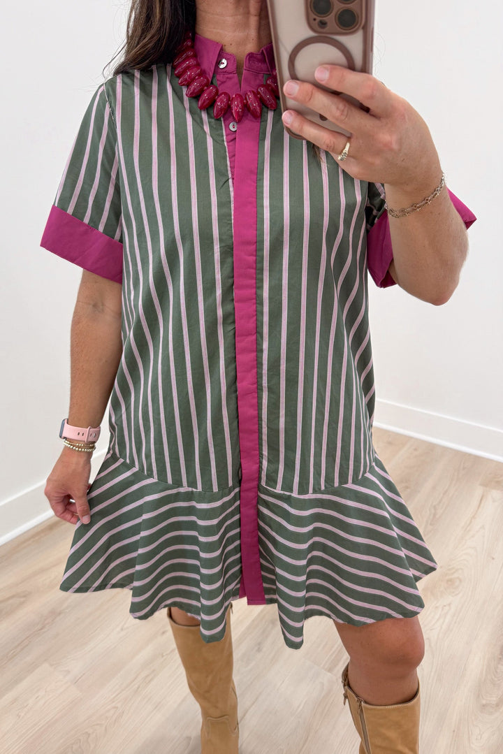 army green pink and cream striped short sleeve collared neckline button front short dress