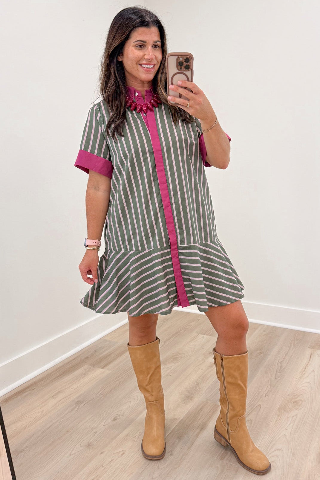 army green pink and cream striped cuffed short sleeve button front short dress