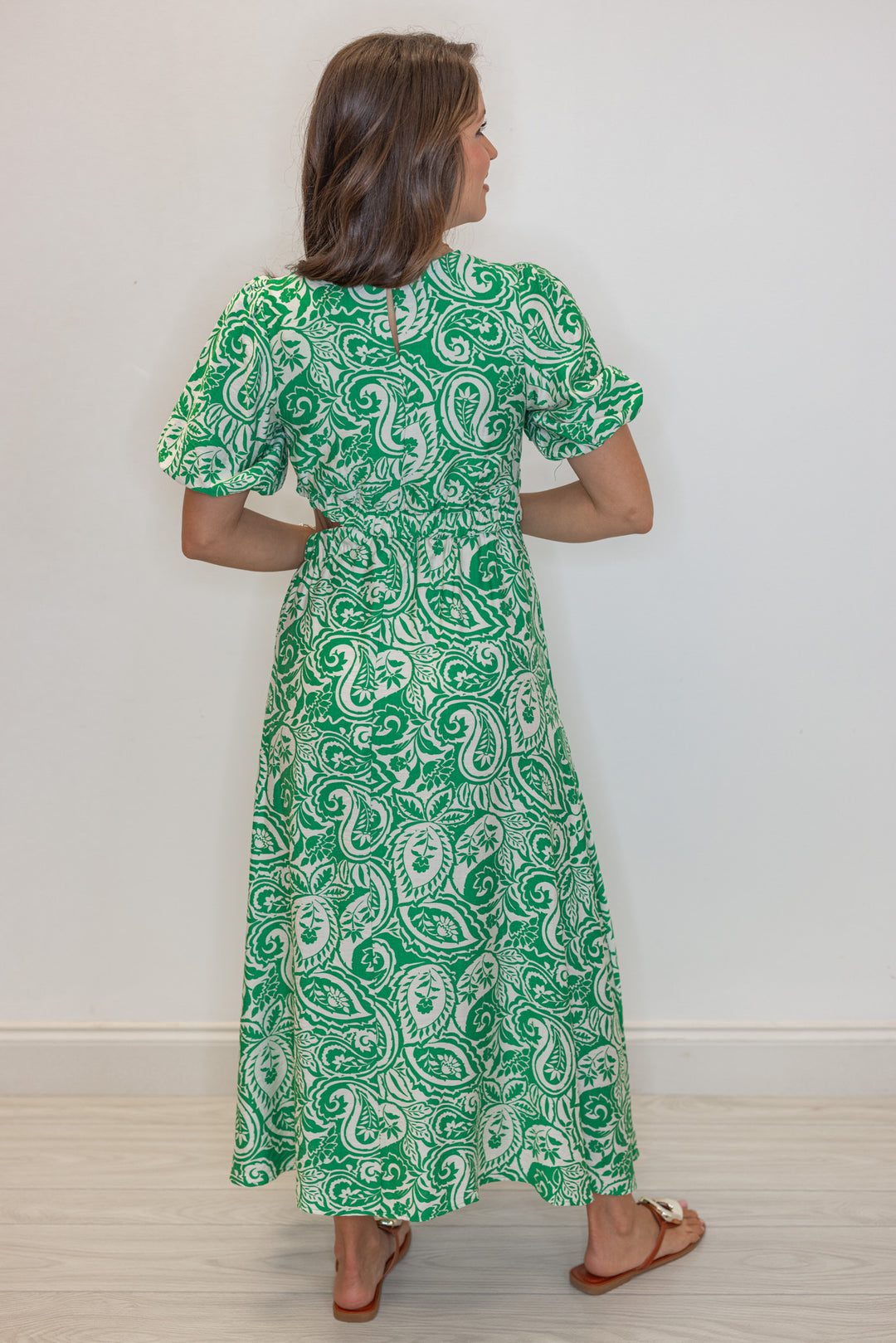 green tropical printed side cut out midi dress