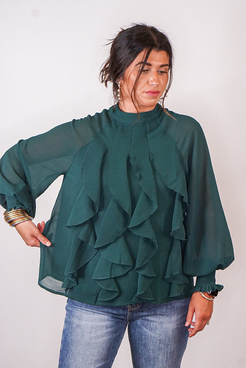 green ruffle entro top