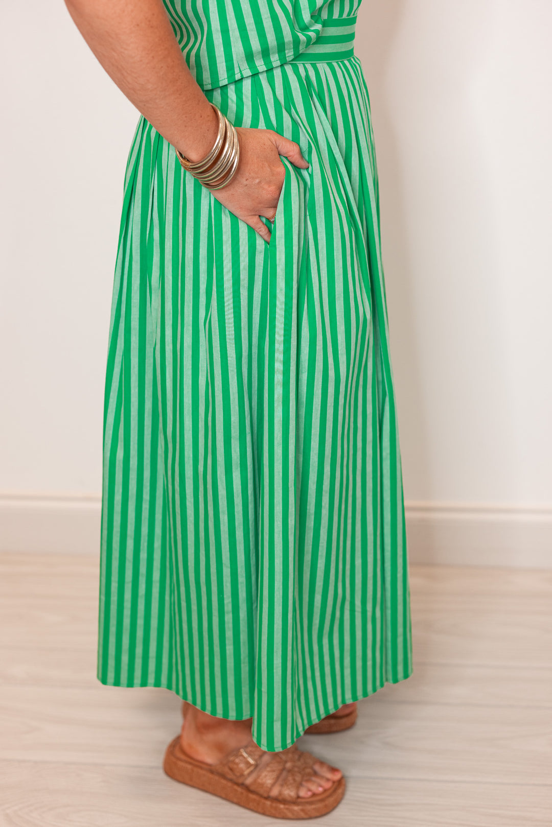 green striped linen cotton midi skirt