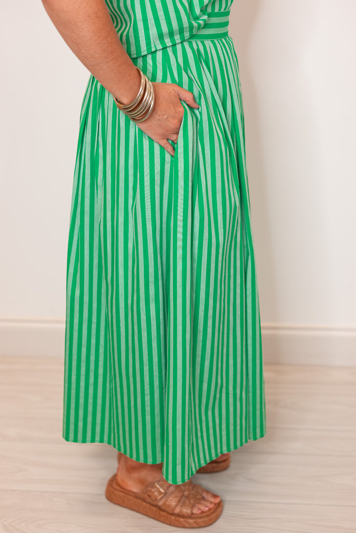 green striped linen cotton midi skirt