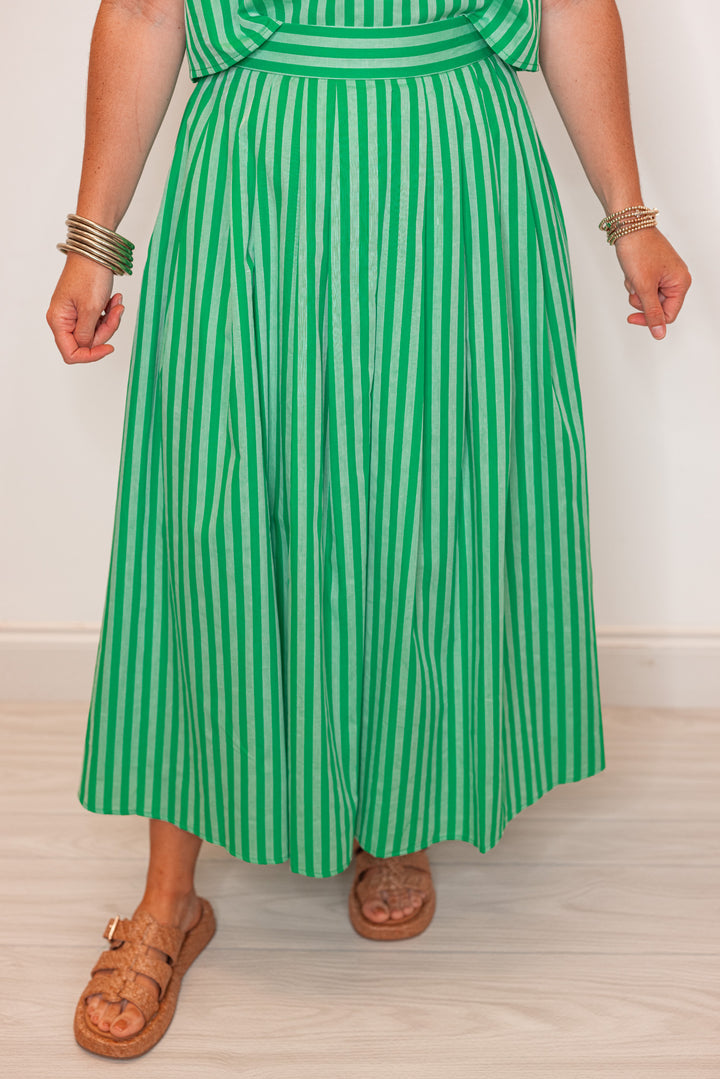 green striped linen cotton midi skirt
