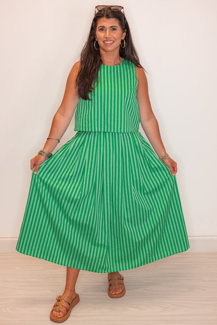 green striped linen cotton midi skirt
