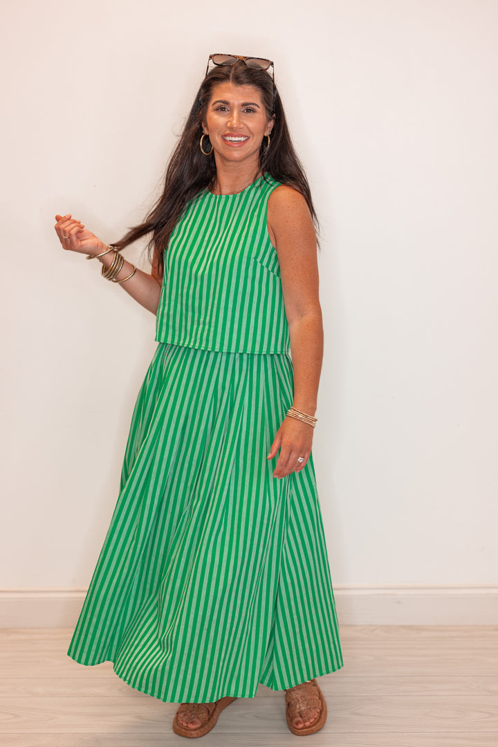 green striped linen cotton midi skirt