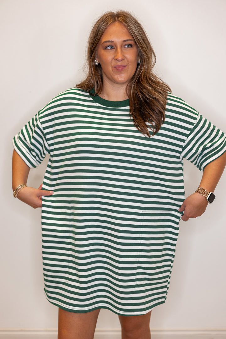 green striped cotton knit shirt dress