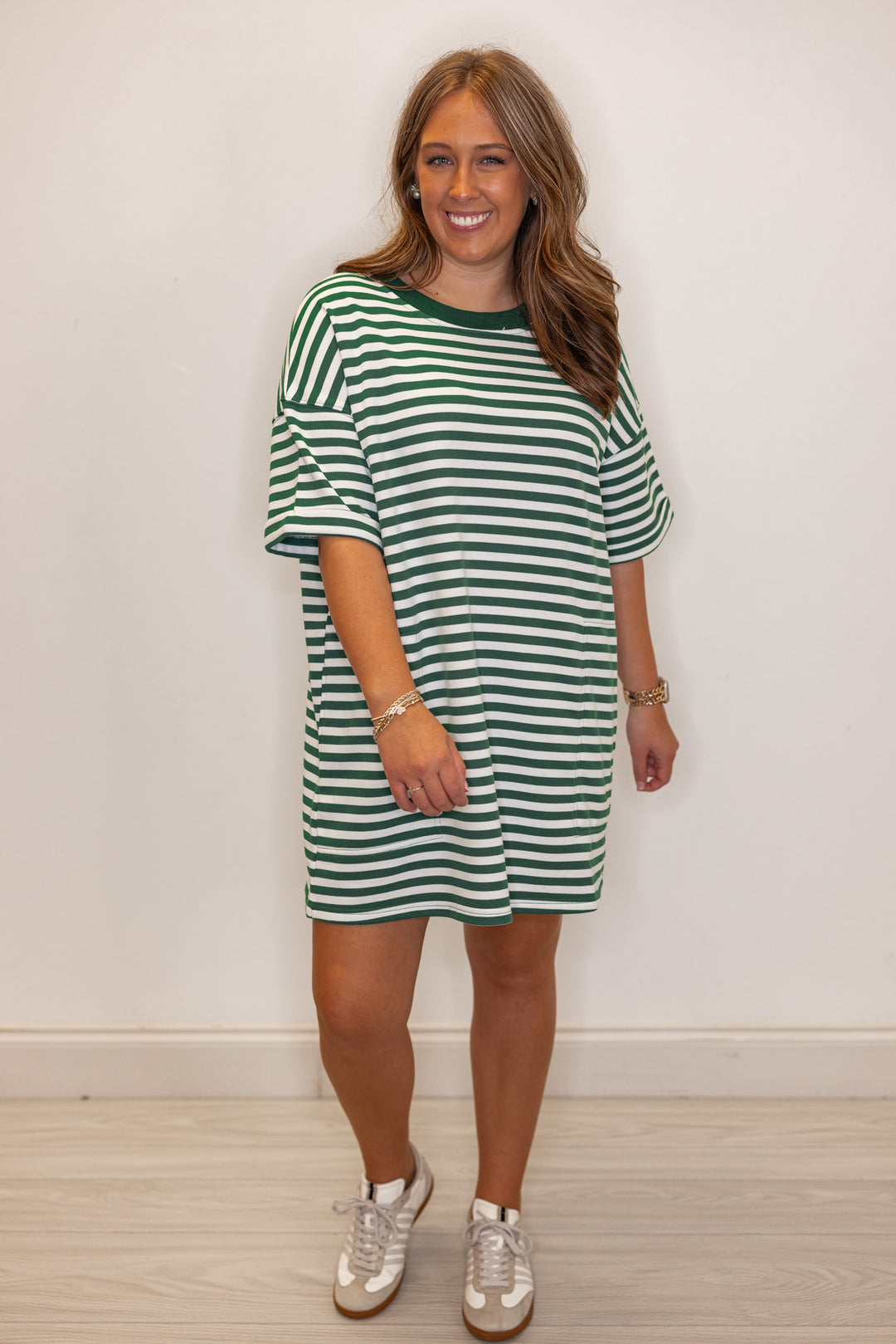 green white striped cotton knit shirt dress