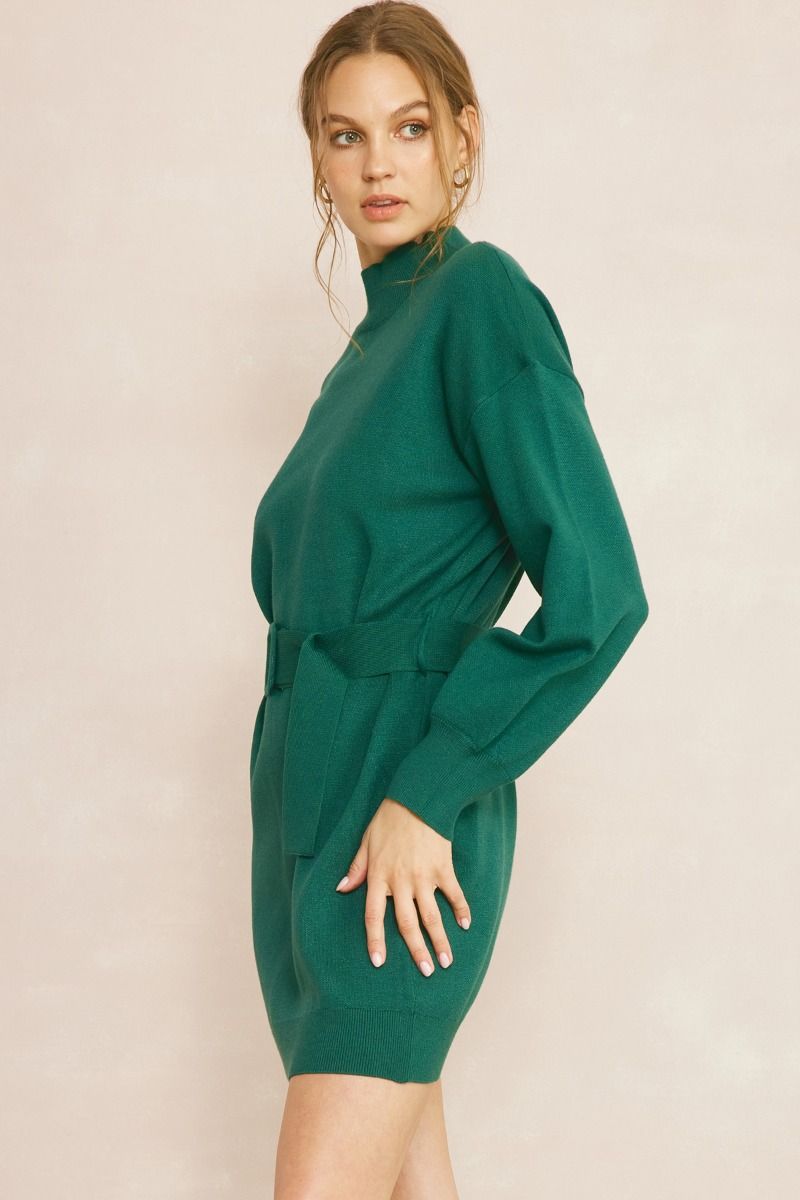 Entro Hunter green sweater knit dress with belted waist