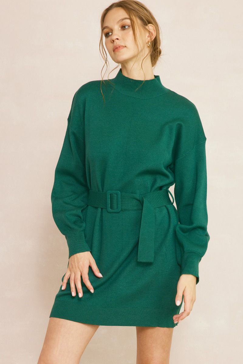 Entro Hunter green sweater knit dress with belted waist