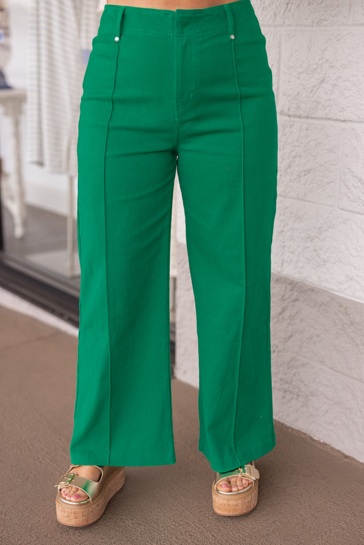 green pintuck wide leg twill denim pants