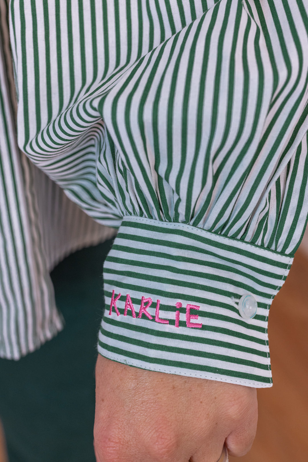 Karlie Stripe Pleat Ruffle Trim Green Top