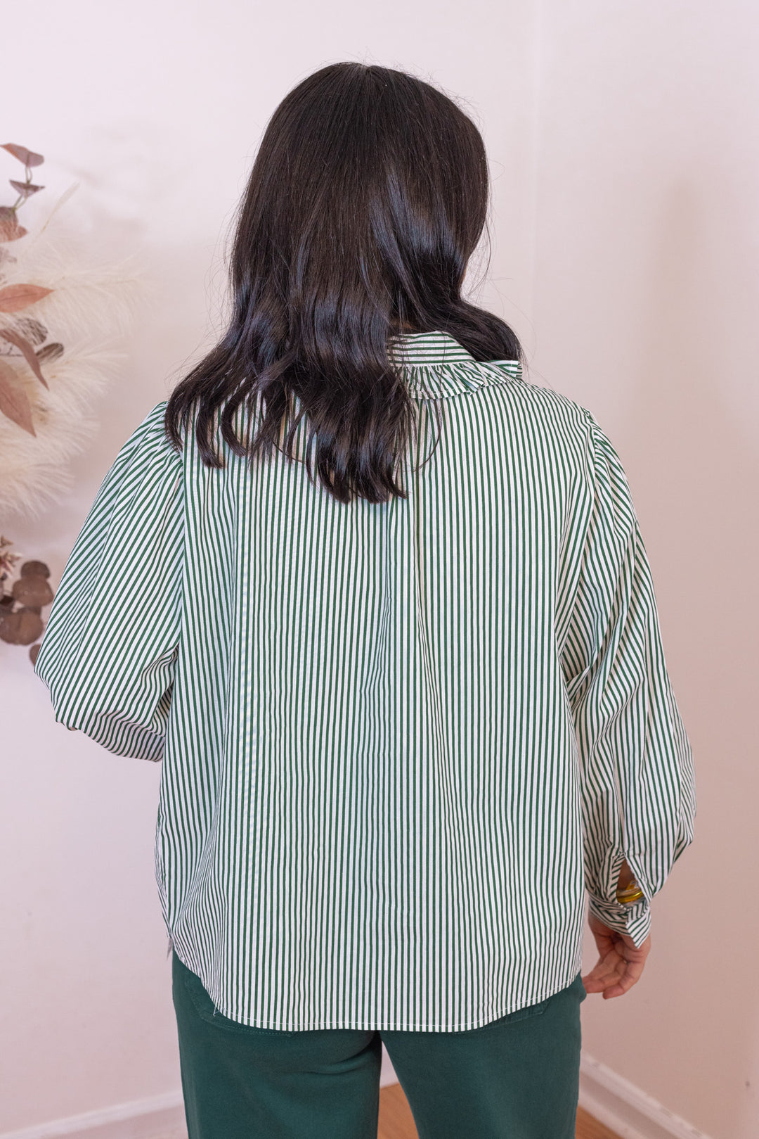 Karlie Stripe Pleat Ruffle Trim Green Top