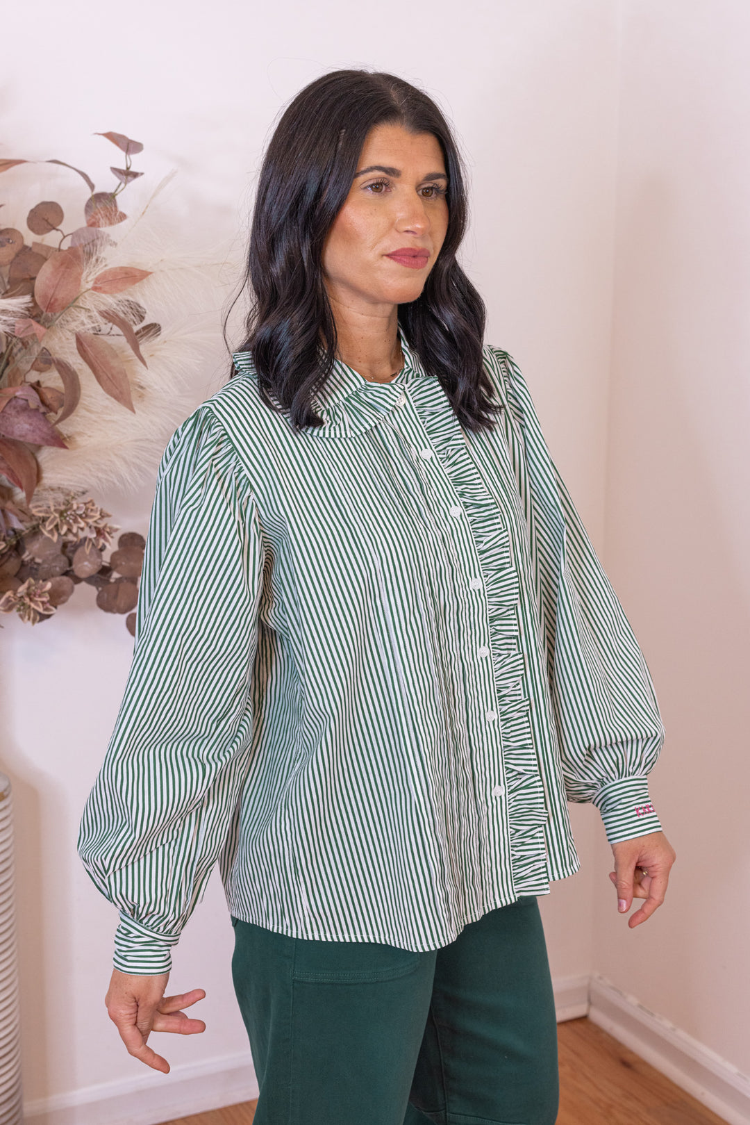 Karlie Stripe Pleat Ruffle Trim Green Top