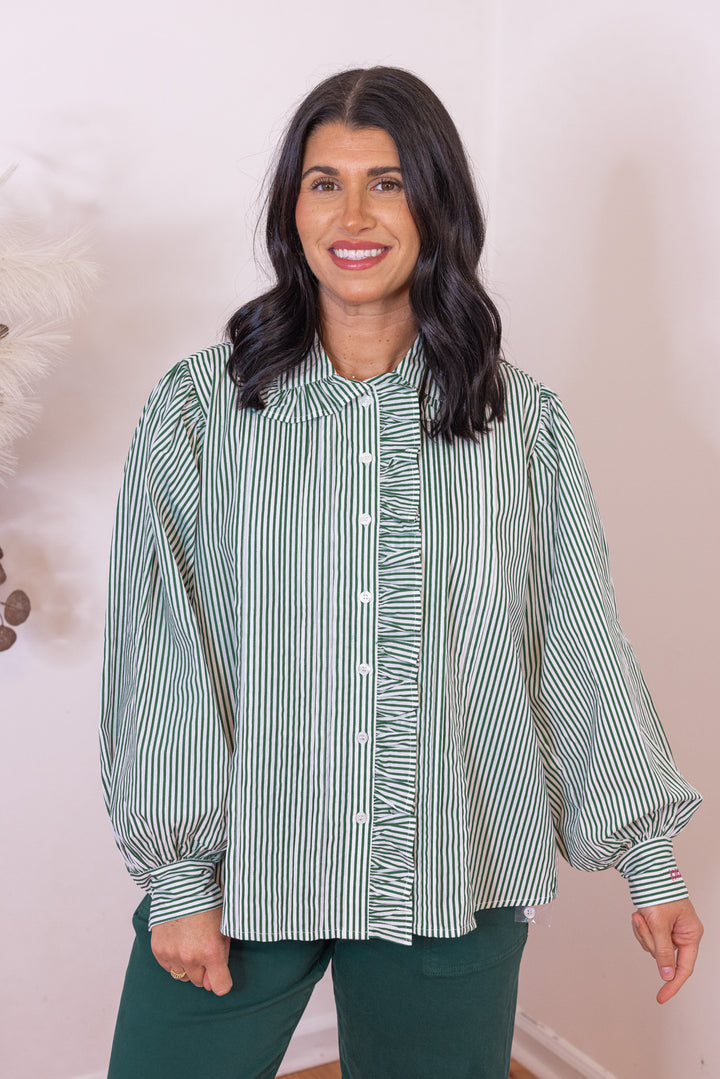 Karlie Stripe Pleat Ruffle Trim Green Top