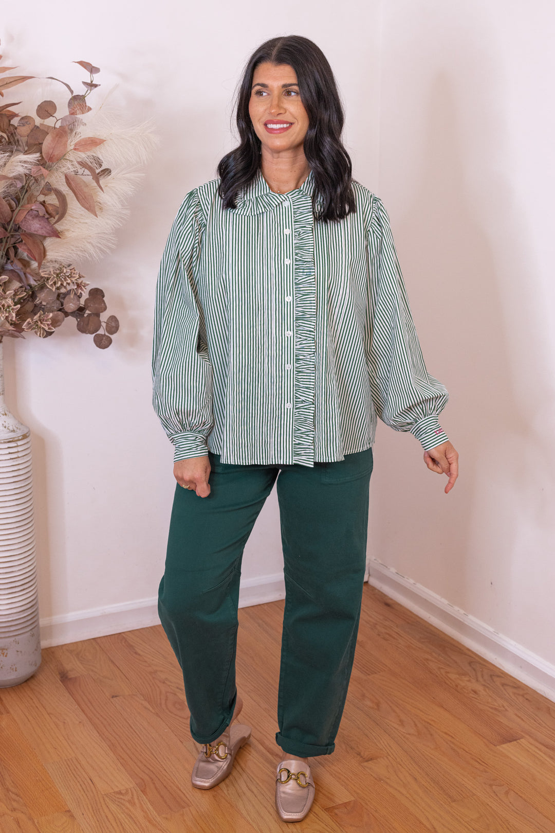 Karlie Stripe Pleat Ruffle Trim Green Top