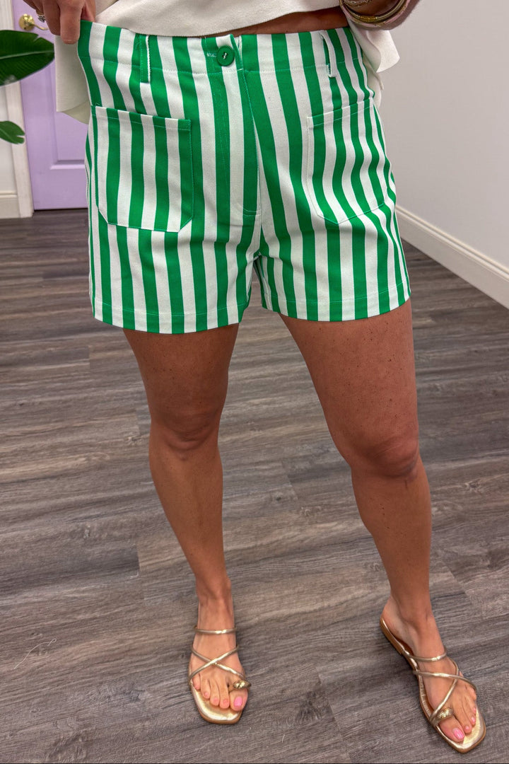 green and white vertical striped denim twill shorts with front patch pockets
