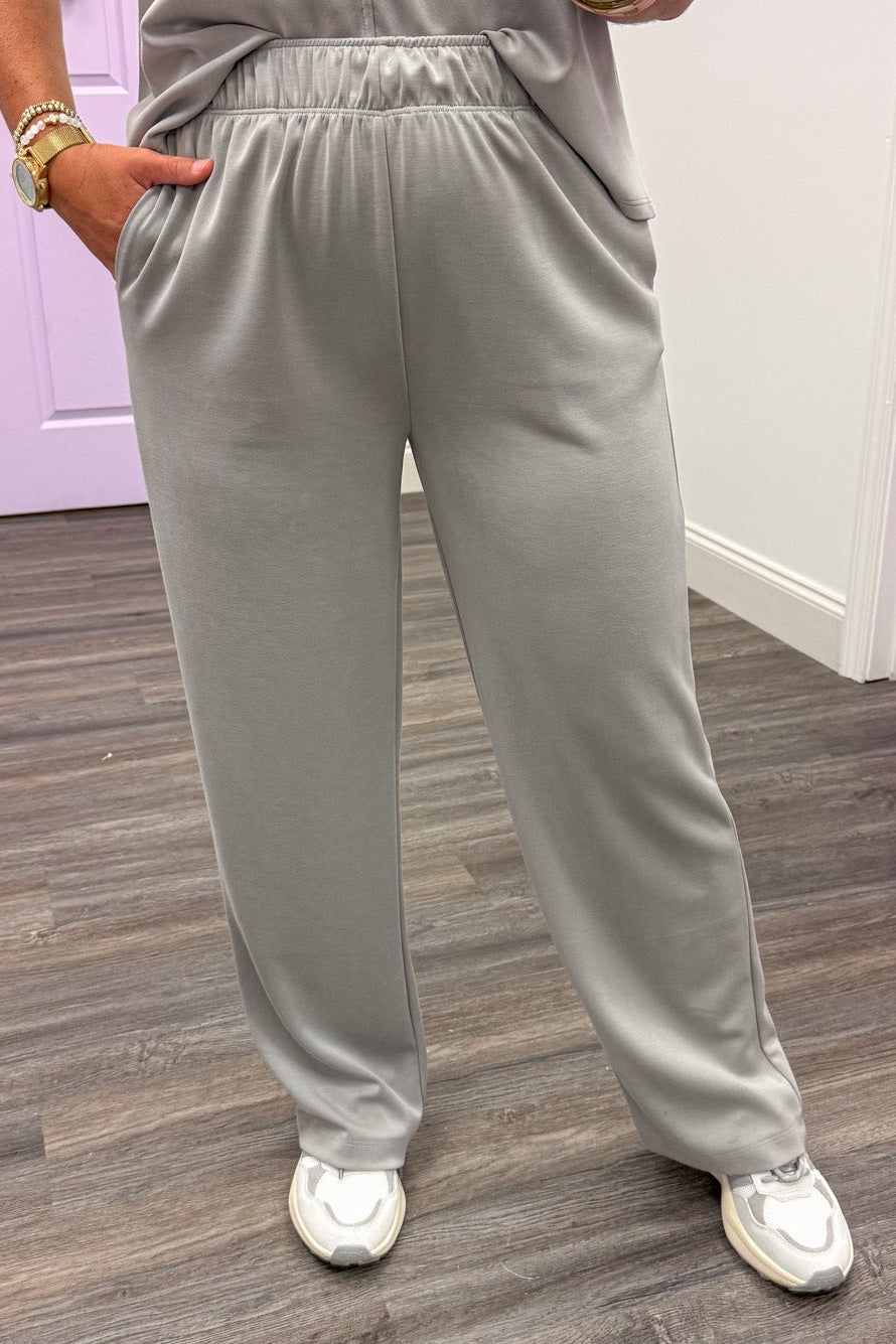solid grey elastic waist wide leg luxe knit loungewear pants with front pockets
