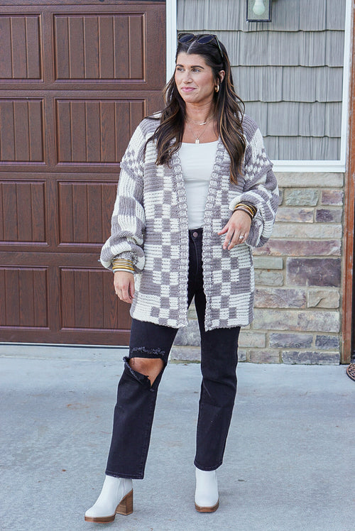 grey ivory checkered print cardigan