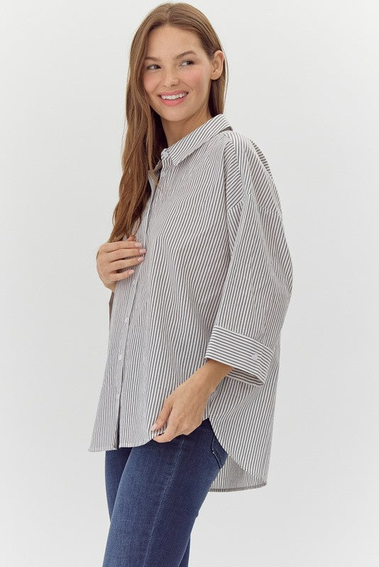 Jodifl Dark grey and off white striped button down wide sleeve top