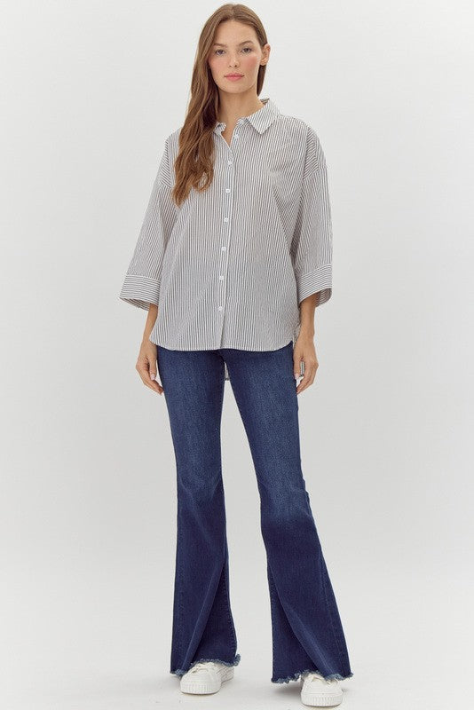 Jodifl Dark grey and off white striped button down wide sleeve top