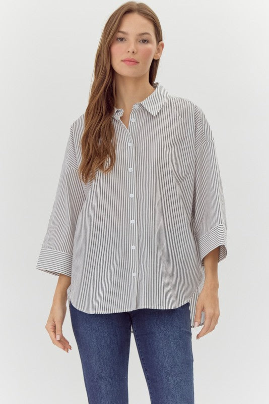 Jodifl Dark grey and off white striped button down wide sleeve top