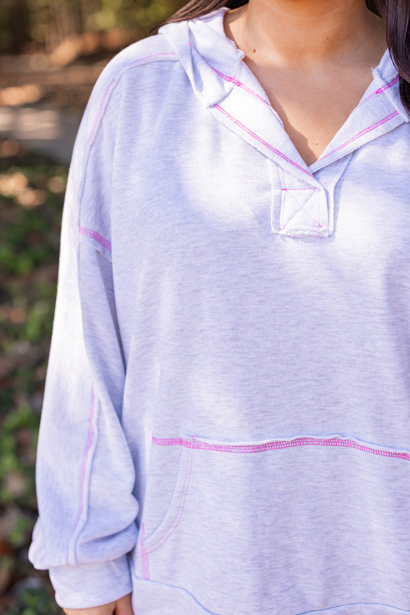 grey pink stitch hooded pullover