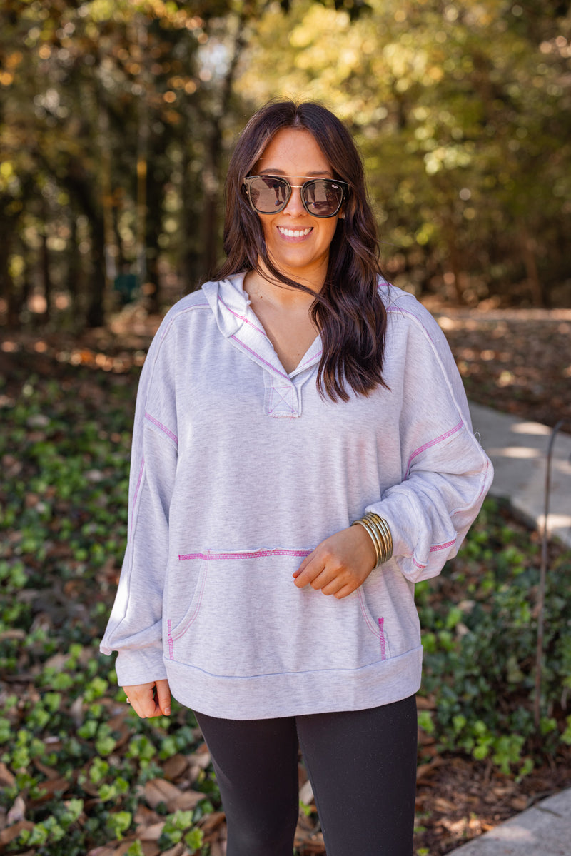 grey pink stitch hooded pullover