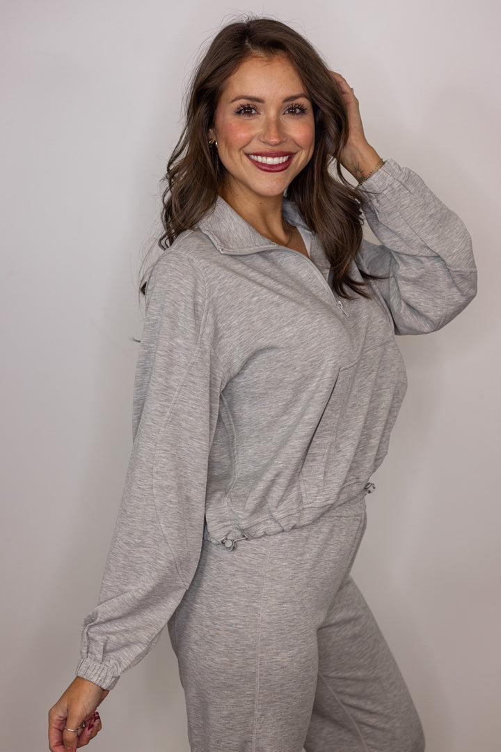 grey scuba knit cropped quarter zip pullover