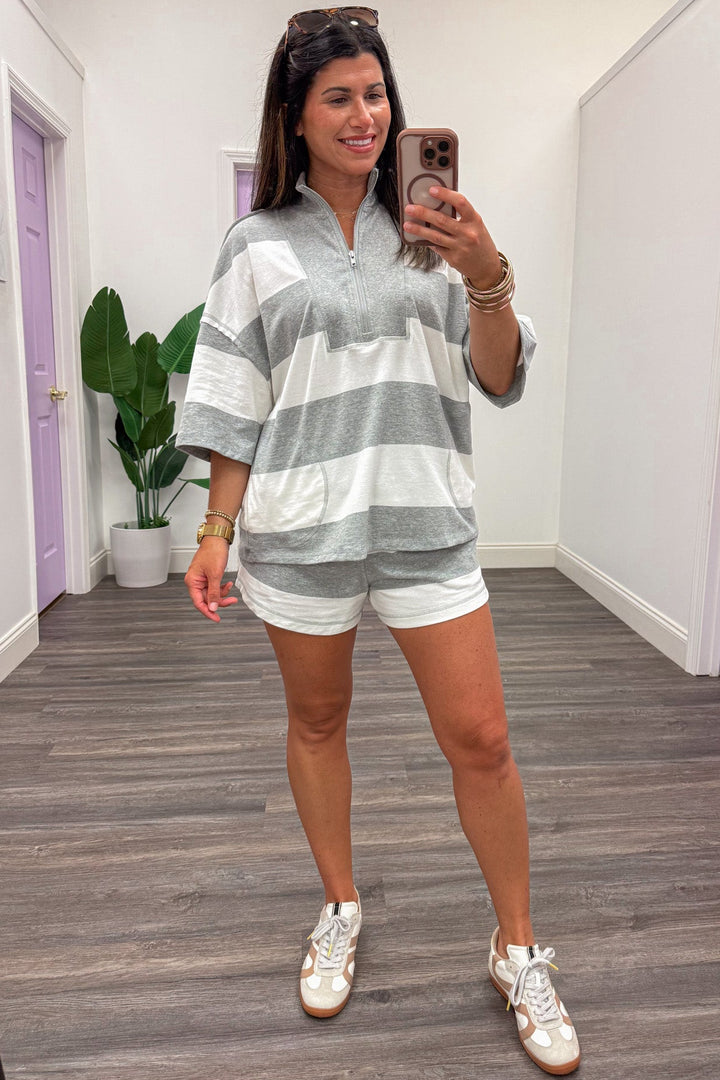 heather grey and white horizontal striped wide leg knit shorts