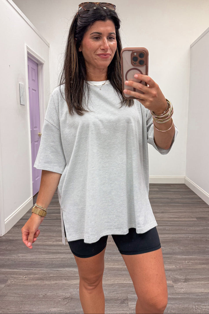 heather grey and white striped short sleeve oversized fit knit top