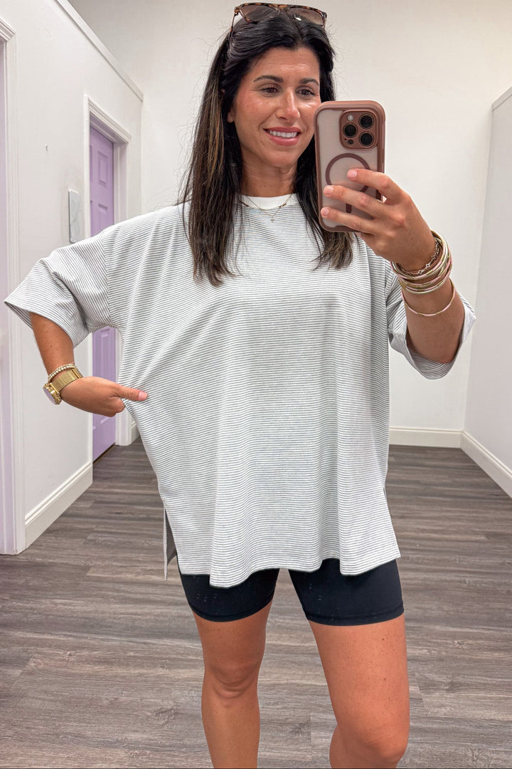 heather grey and white striped short sleeve crew neckline oversized fit knit top
