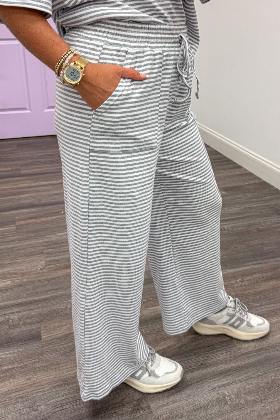 heather grey and white striped top and drawstring pants matching knit loungewear set