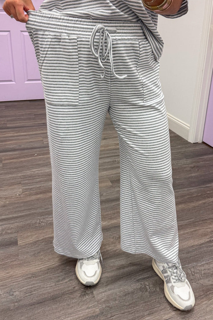 heather grey and white striped top and elastic waistband pants matching knit loungewear set