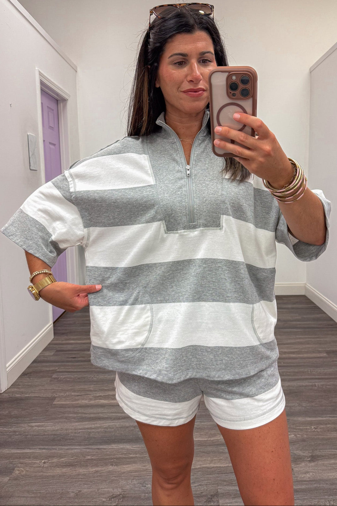 heather grey and white striped quarter zip short sleeve relaxed silhouette knit top