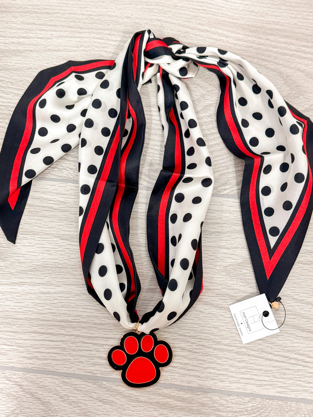 red and black polka dot gameday scarf necklace paw print