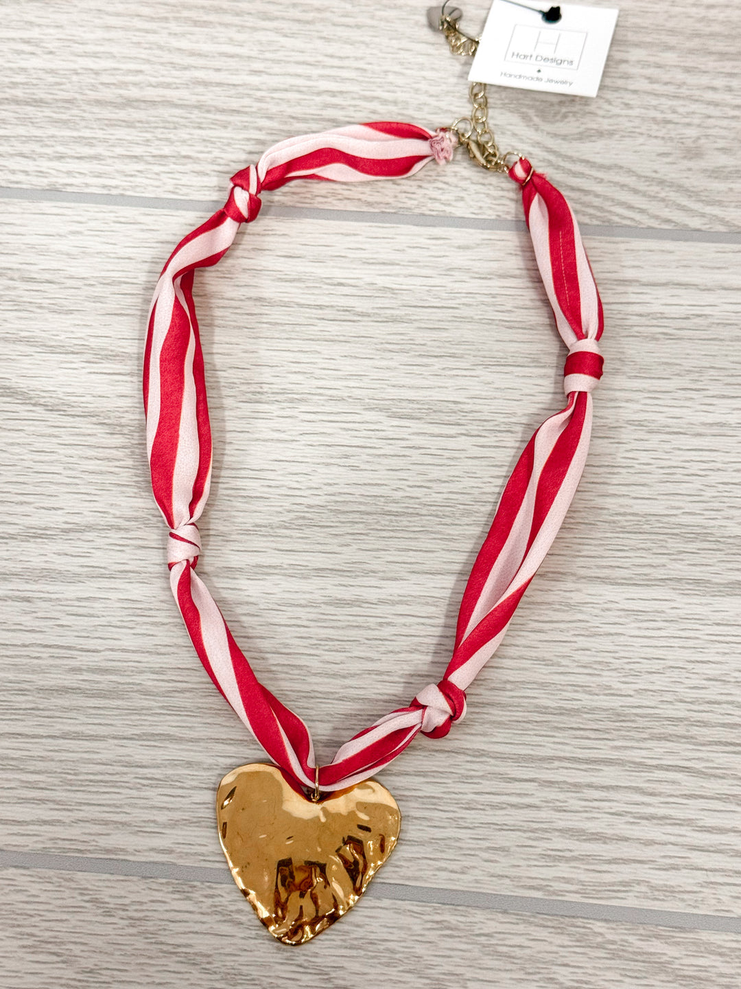 heart charm red white striped scarf necklace