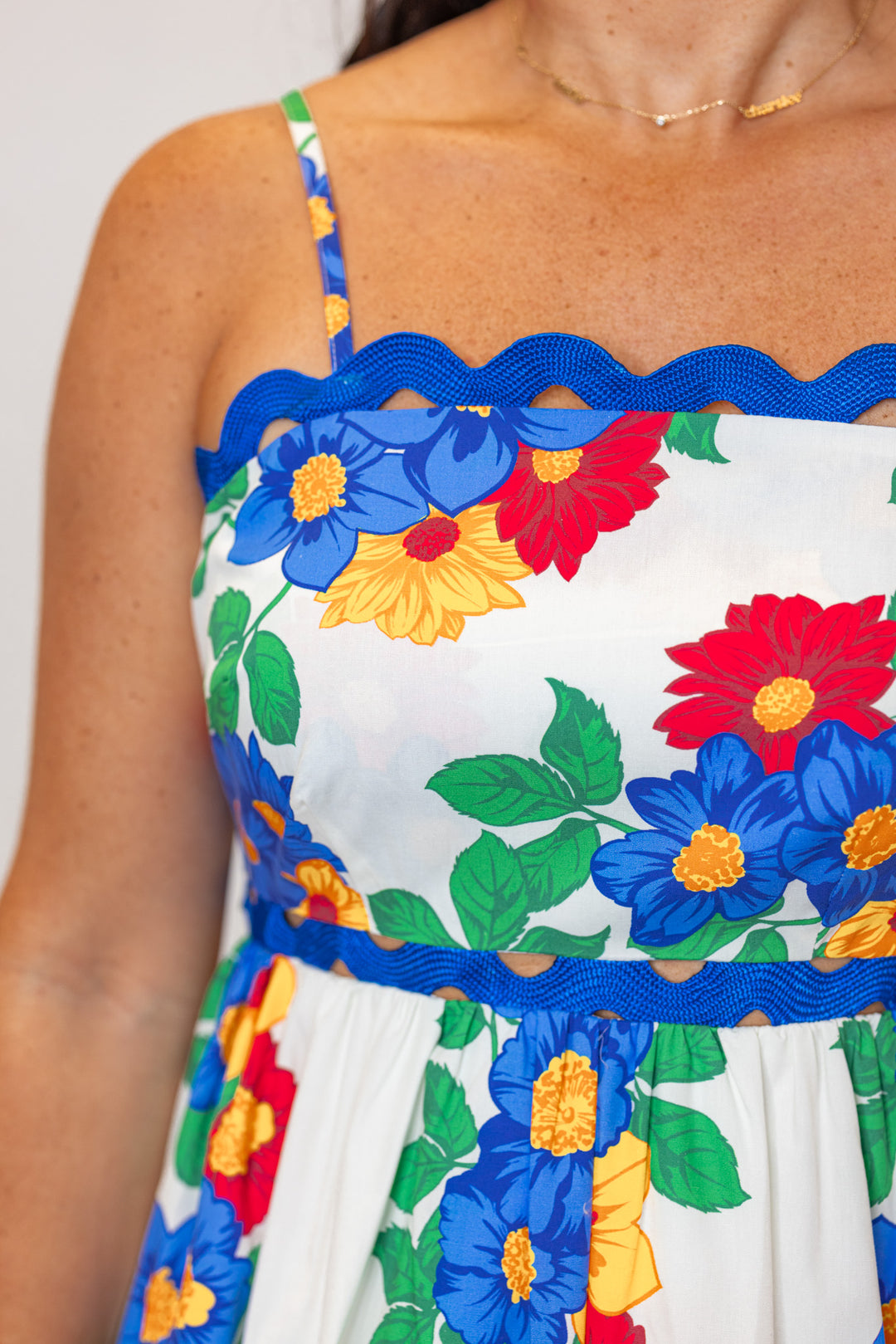 hawaii floral blue ric rac trim midi dress