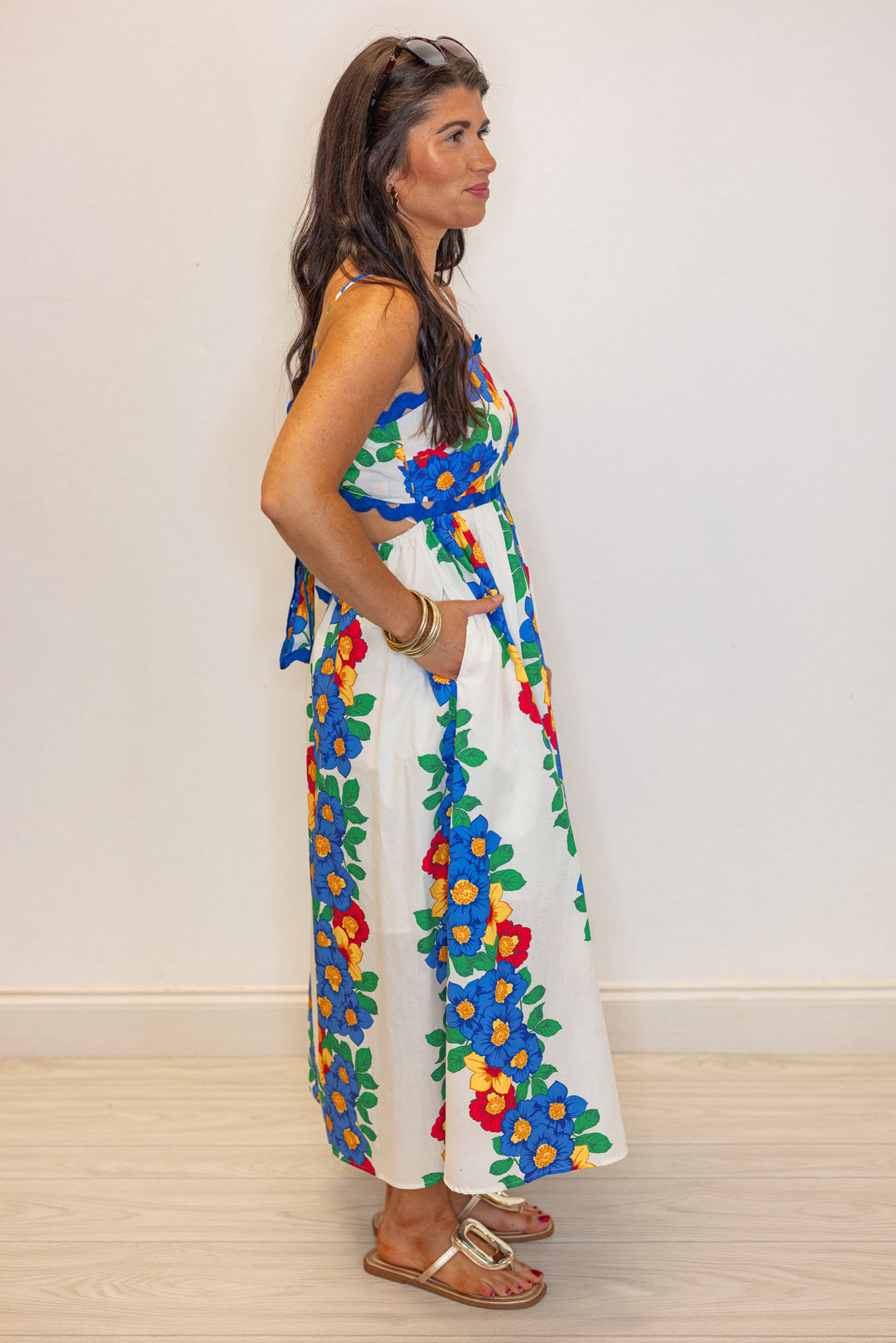 hawaii floral blue ric rac trim midi dress