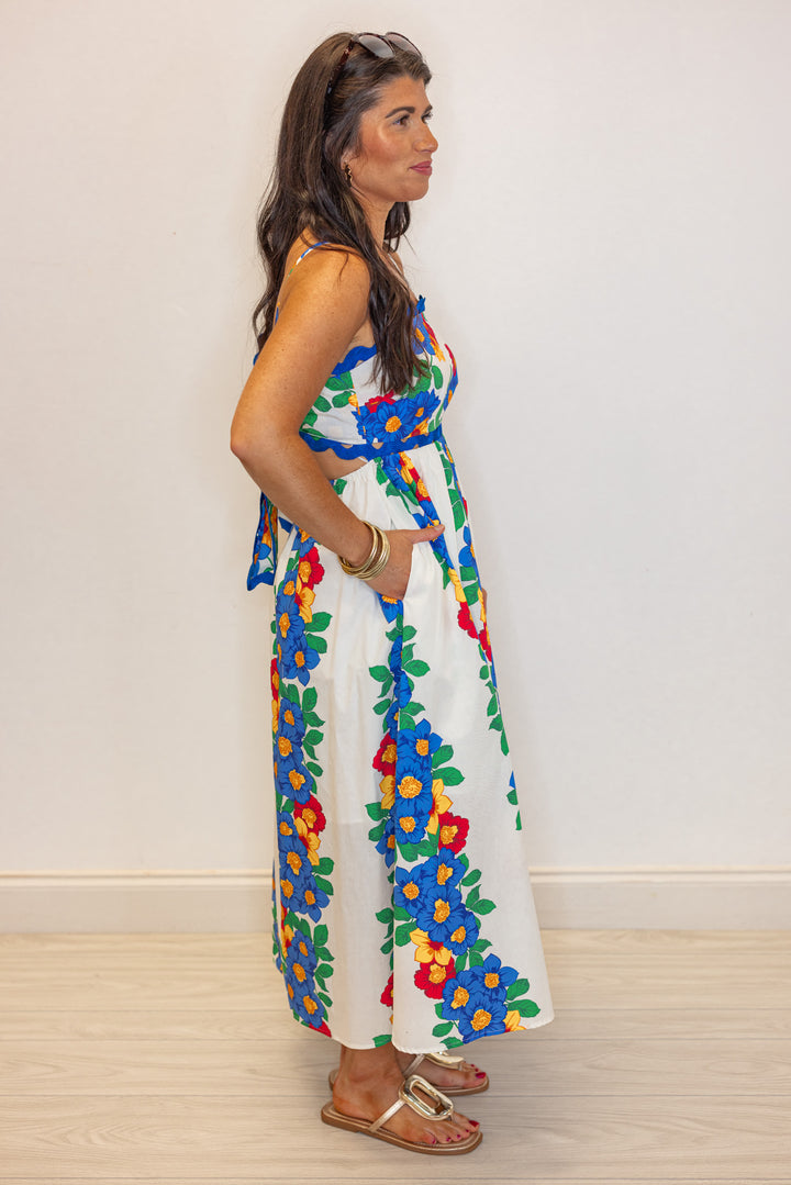 hawaii floral blue ric rac trim midi dress