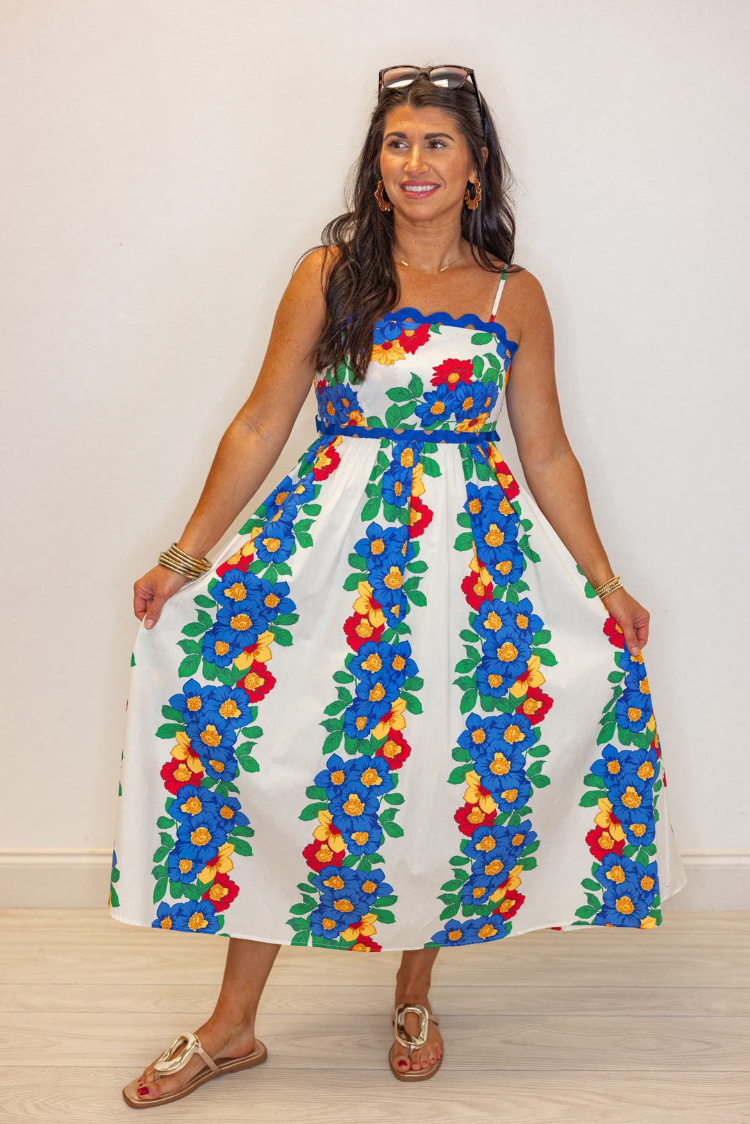 hawaii floral blue ric rac trim midi dress